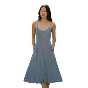 Style Rack 100% Cotton Midi Dress Blue Button Front Spaghetti Strap Women Size M